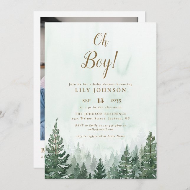 Invitation Oh Boy Pine Tree Forest Baby shower Photo QR Code (Devant / Derrière)