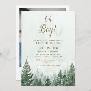 Invitation Oh Boy Pine Tree Forest Baby shower Photo QR Code