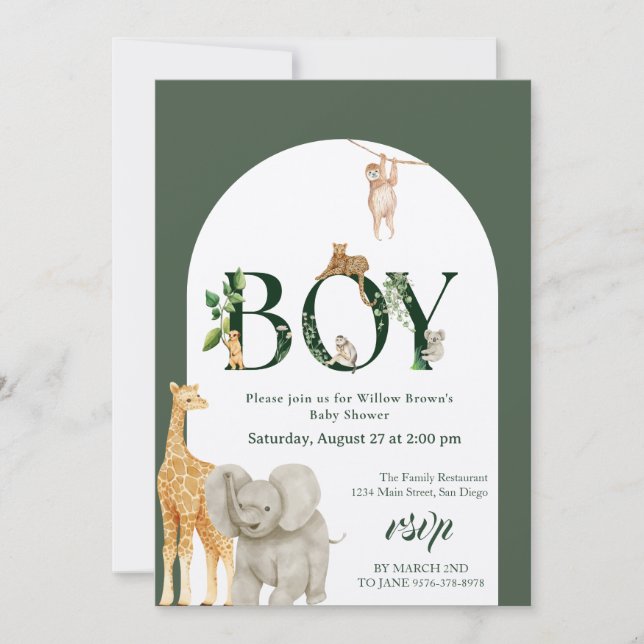 Invitation Oh Boy Safari Animal Jungle Baby shower de verdure (Devant)