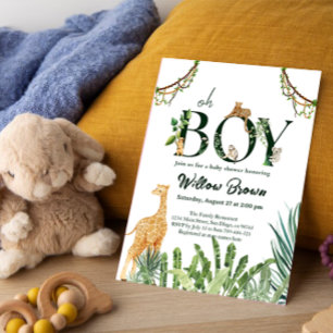 Invitation Oh Boy Safari Animal Jungle Baby shower de verdure