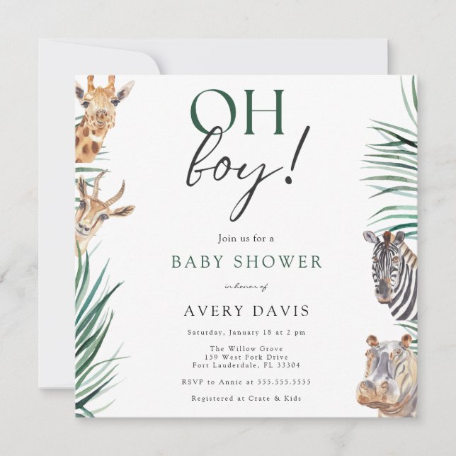 Invitation Oh Boy Safari Animaux Baby shower Carré (Devant)