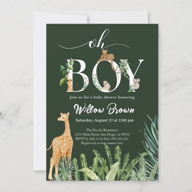 Invitation Oh Boy Safari Forêt Animale Baby shower de verdure (Devant)