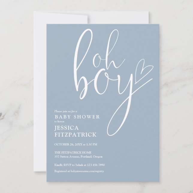 Invitation Oh Boy Script Heart Dusty Blue Boy Baby Shower (Devant)