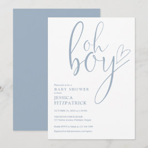 Invitation Oh Boy Script Heart Poussiéreux Bleu Garçon Baby S