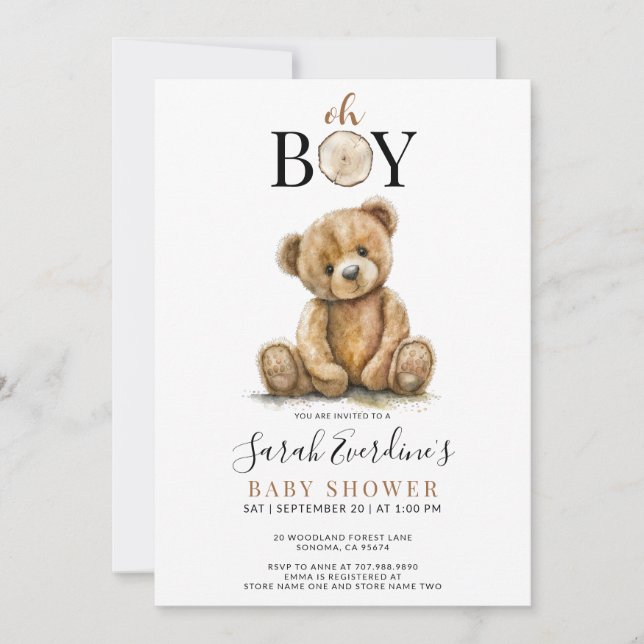 Invitation Oh Boy Teddy Bear Watercolor Baby shower (Devant)