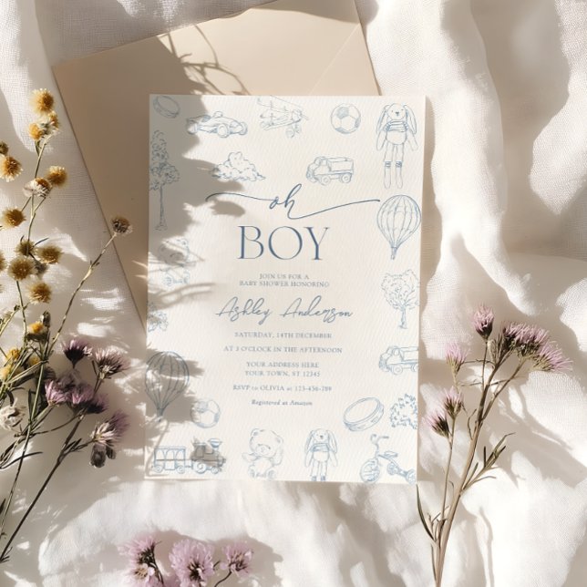 Invitation Oh Boy Toile De Jouy Baby shower Bleu (Créateur téléchargé)