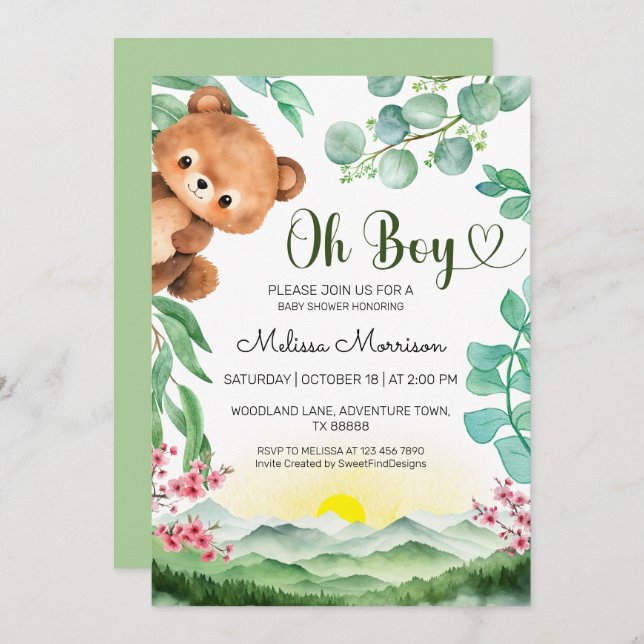 Invitation Oh Boy Watercolor Baby shower boisé (Devant / Derrière)