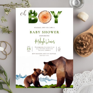 Invitation Oh Boy Watercolor Bois Bois Bear Forest Baby showe