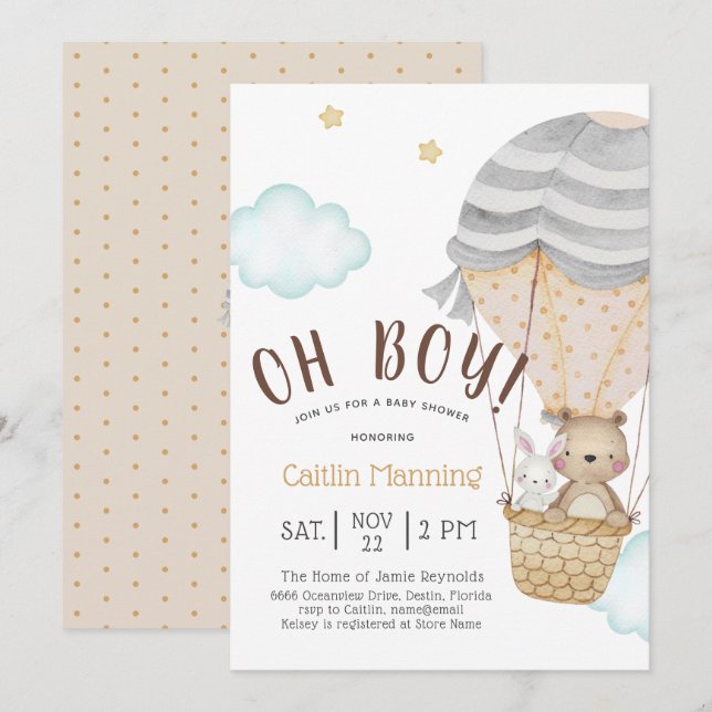 Invitation Oh Boy Woodland Teddy Bear Baby shower (Devant / Derrière)