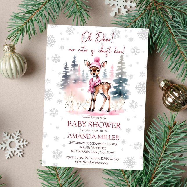 Invitation Oh cerer fille d'hiver baby shower modèle (Oh deer winter baby shower editable template invitation instant digital download cute deer in a hat)