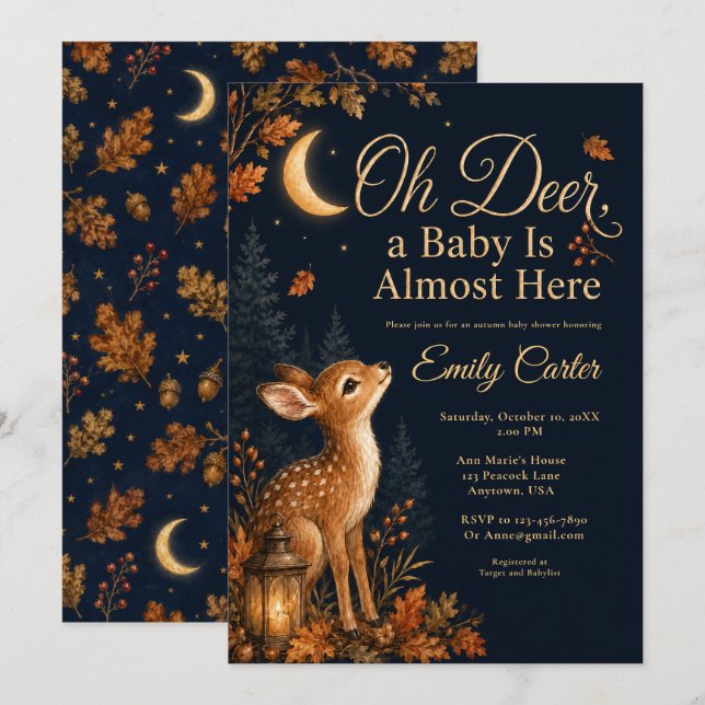 Invitation Oh Cerf Baby Shower Automne (Devant / Derrière)