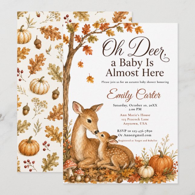 Invitation Oh Cerf Baby Shower d'Automne (Devant / Derrière)