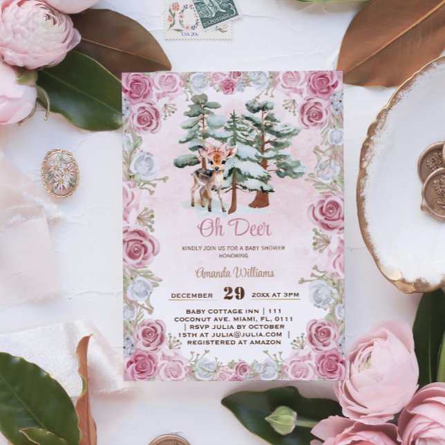 Invitation Oh Cerf Fleurs d'Hiver Baby Shower Fille  (Créateur téléchargé)