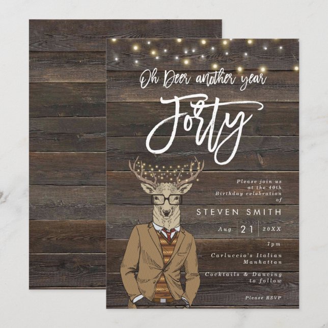 Invitation Oh cerf lumières en bois rustique 40e anniversaire (Devant / Derrière)