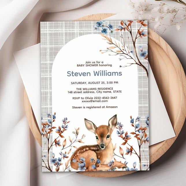 Invitation Oh cerf mignon forêt fleurons rustiques baby showe (Oh deer rustic blue florals with cute forest deer baby shower invitation, gender neutral, woodland )