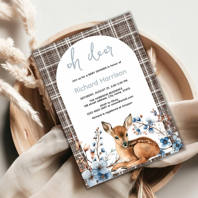 Invitation Oh cerf mignon forêt fleurons rustiques baby showe (Oh deer rustic blue florals with cute forest deer baby shower invitation, gender neutral, woodland )