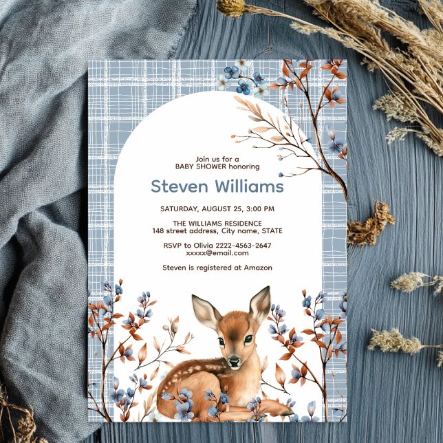Invitation Oh cerf mignon forêt fleurons rustiques baby showe (Oh deer rustic blue florals with cute forest deer baby shower invitation, gender neutral, woodland )