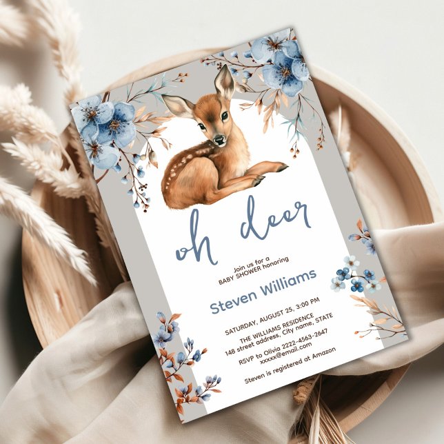Invitation Oh cerf mignon forêt fleurons rustiques baby showe (Oh deer rustic blue florals with cute forest deer baby shower invitation, gender neutral, woodland )