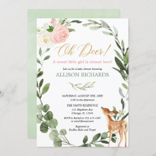 Invitation Oh cerf rose or eucalyptus baby shower fille