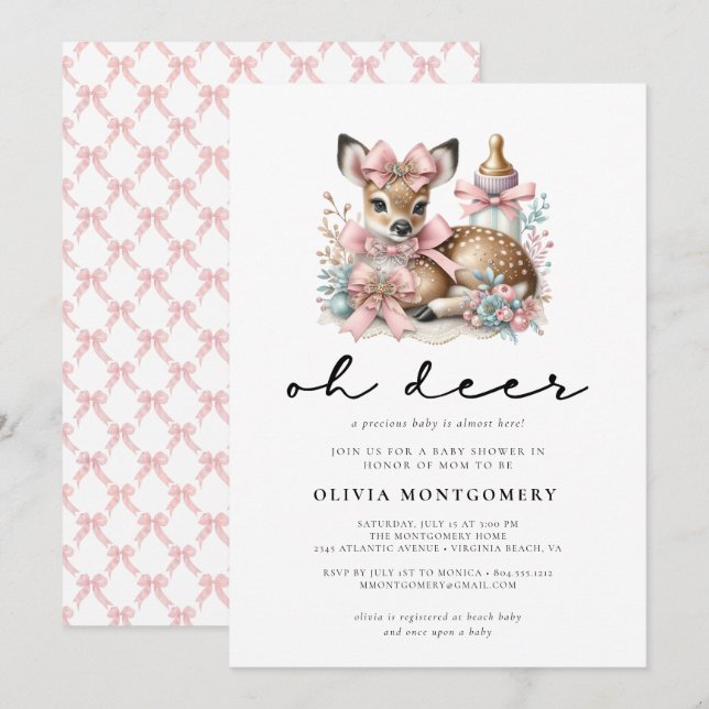 Invitation Oh Cerf Rubans Roses Forêt Baby Shower  (Devant / Derrière)