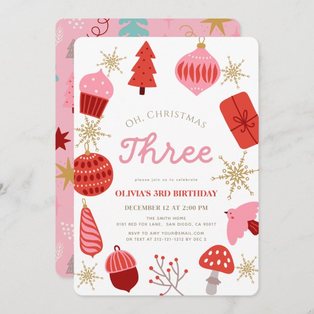 Invitation Oh Christmas Three Christmas Pink 3rd Birthday (Devant / Derrière)
