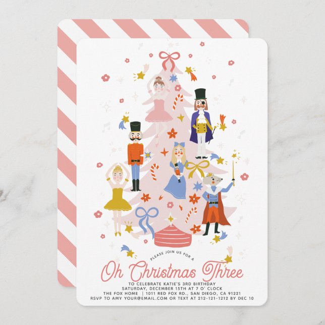 Invitation Oh Christmas Three Pink Nutcracker Girl Birthday (Devant / Derrière)