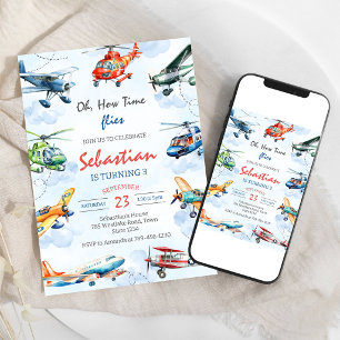 Invitation Oh Comme le Temps Passe Pilote d'Avion Enfants Ann