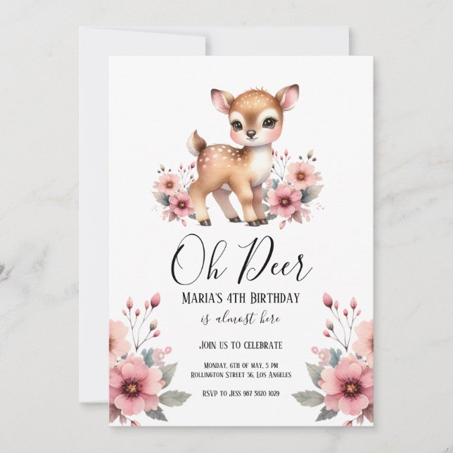 Invitation Oh Deer Aquarelle Florale fête d'anniversaire (Devant)