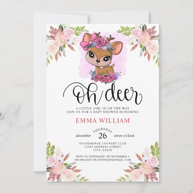 Invitation Oh Deer Baby shower Aquarelle Botanique Floral (Devant)