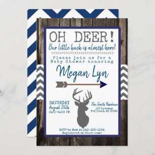 Invitation OH Deer ! Baby shower Chevron Little Buck Navy Gre