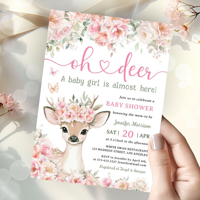 Invitation Oh Deer Baby Shower Fille Faon Rose  (Créateur téléchargé)
