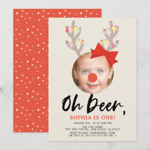 Invitation Oh Deer Beige & Red Holiday Photo 1er Anniversaire