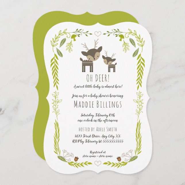 Invitation Oh Deer bois animal neutre sexe baby shower (Devant / Derrière)