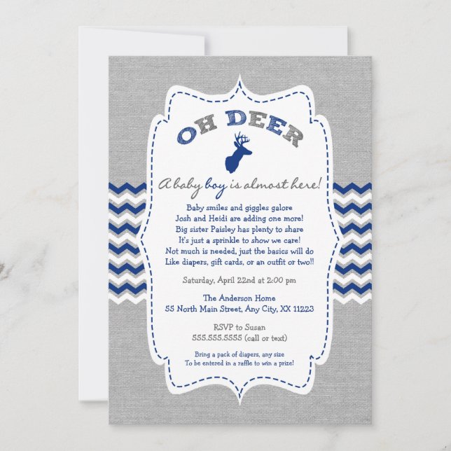 Invitation Oh Deer Buck Baby Sprinkle marine gris blanc (Devant)