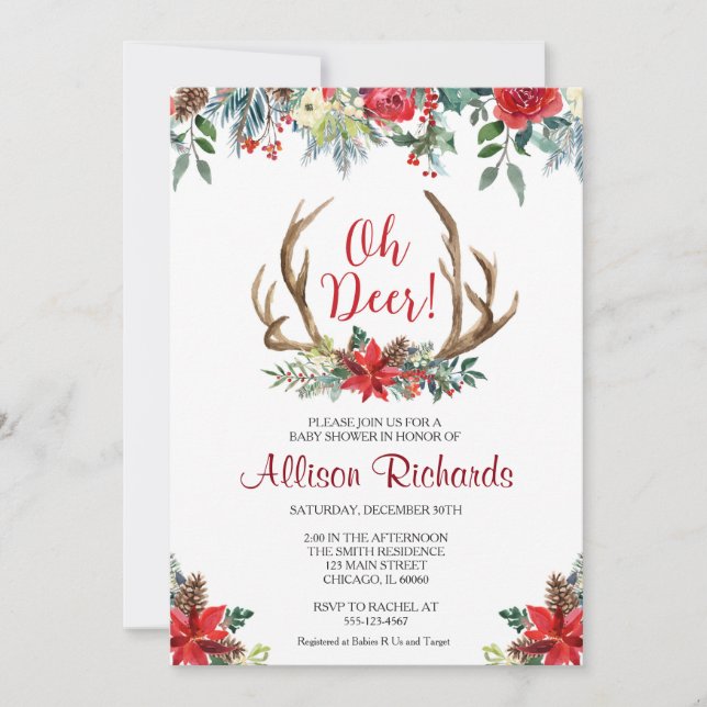 Invitation Oh Deer Christmas baby shower neutre genre (Devant)