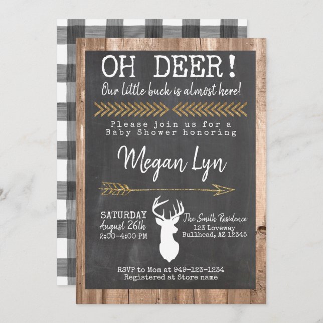 Invitation OH Deer ! Little Buck Buffalo Plaid Baby shower (Devant / Derrière)