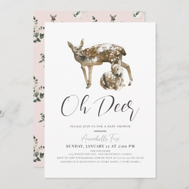 Invitation Oh Deer Maman & Fawn Pink Girl Baby shower (Devant / Derrière)