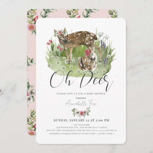 Invitation Oh Deer Maman & Fawn Rose Floral Girl Baby shower (Devant / Derrière)