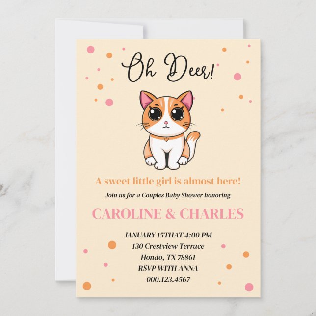 Invitation Oh Deer Pink Kitten Girl Baby Shower (Devant)