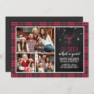 Invitation Oh Deer Quelle Année !   Red Plaid 3 Photo Christm