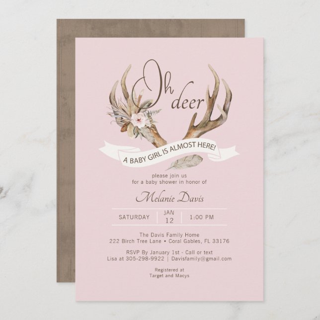 Invitation Oh Deer rose Aquarelle Baby shower Antler (Devant / Derrière)