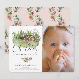 Invitation Oh Deer Rose Floral Girl Photo 1er anniversaire