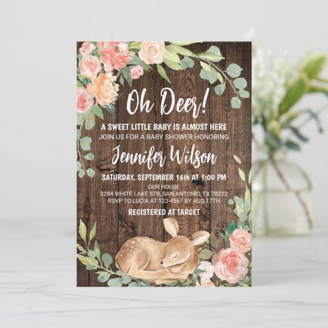 Invitation Oh Deer Rustic Boho Baby shower Floral (Debout devant)
