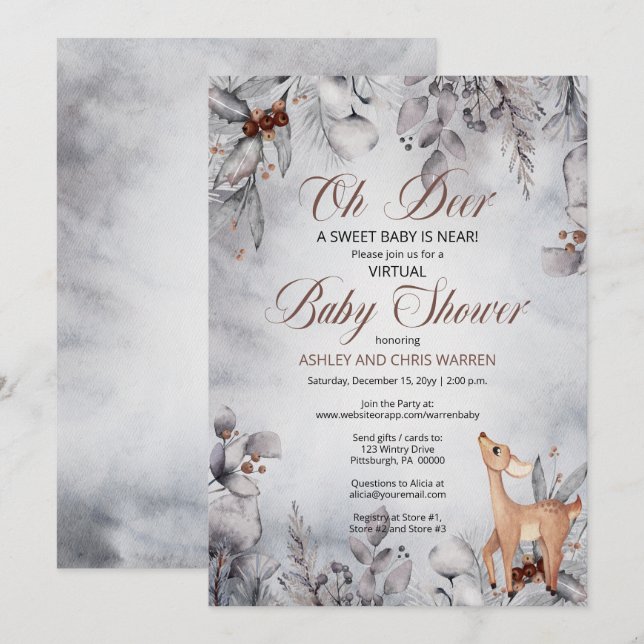 Invitation Oh Deer Rustic Winter Floral Baby shower virtuel I (Devant / Derrière)