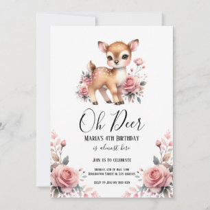 Invitation Oh Deer Watercolor Rose fête d'anniversaire