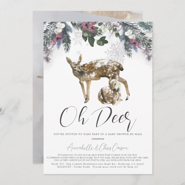 Invitation Oh Deer Winter Foliage Baby shower par la poste (Devant / Derrière)