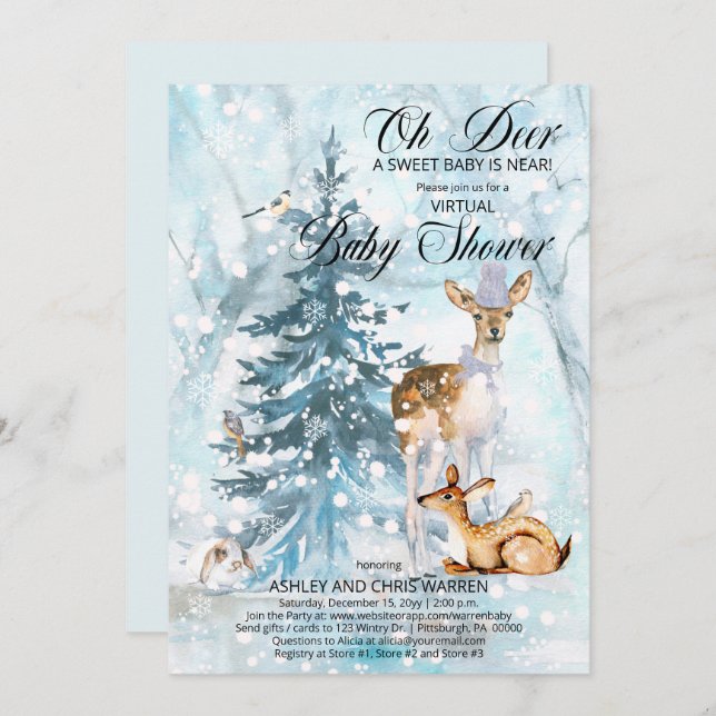 Invitation Oh Deer Woodland Animaux Virtual Boy Baby shower I (Devant / Derrière)