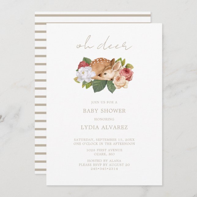 Invitation Oh Deer Woodland Baby shower | (Devant / Derrière)