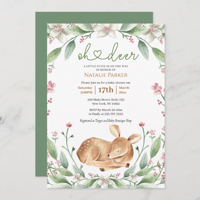 Invitation Oh Deer Woodland Baby shower de verdure fleurie (Devant / Derrière)