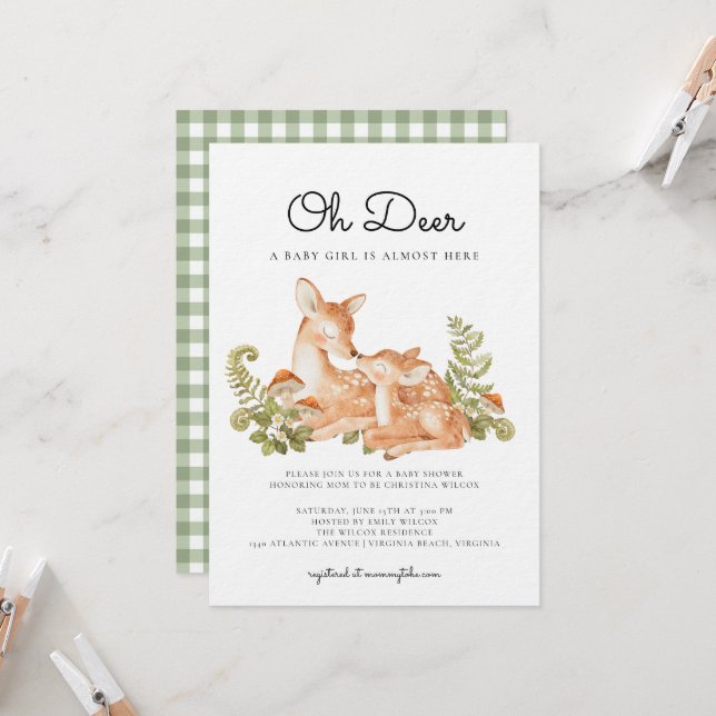 Invitation Oh Deer Woodland Forest Baby Shower  (Devant/Arrière en situation)